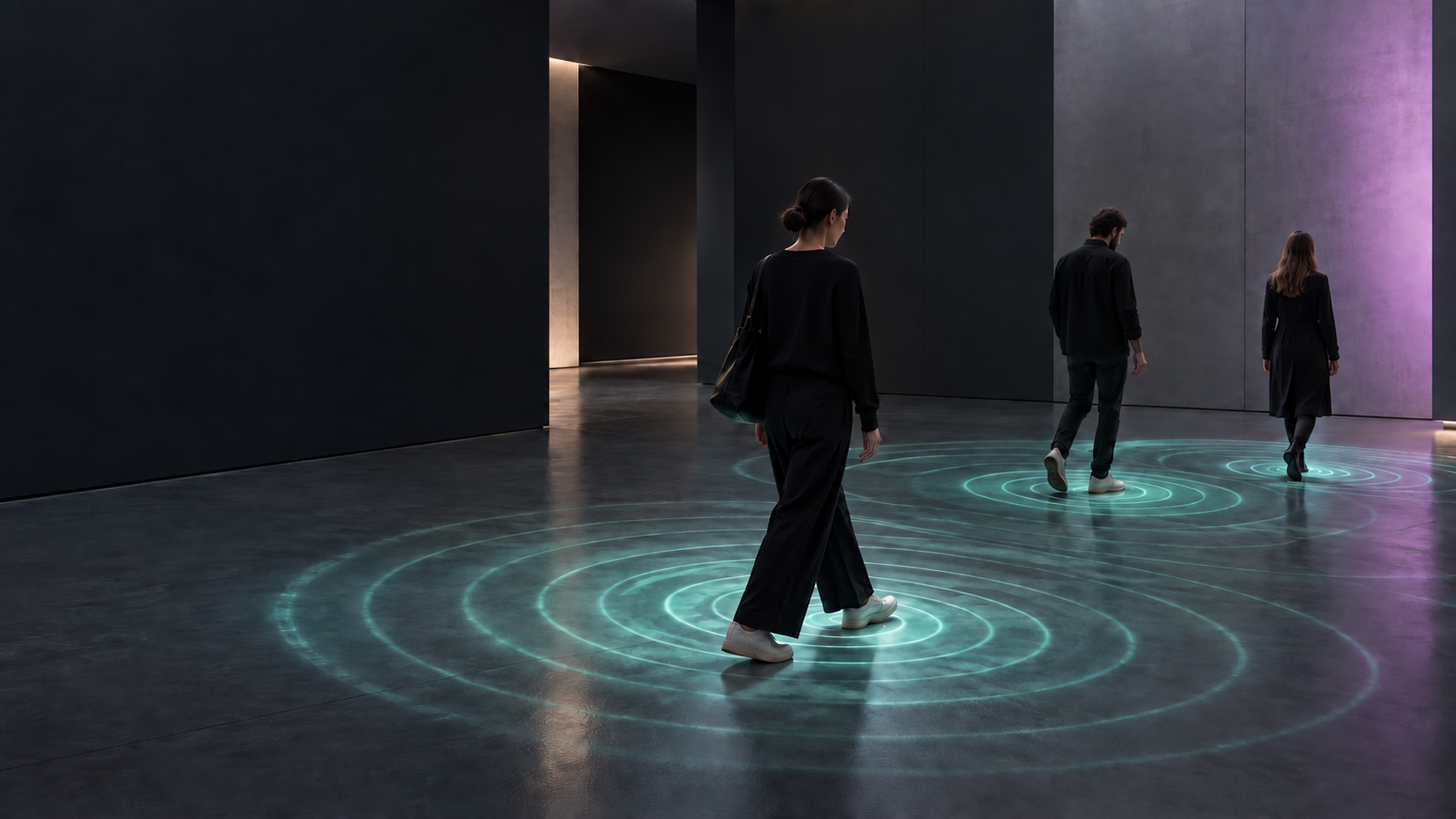 Visitors crossing a luminous interactive floor