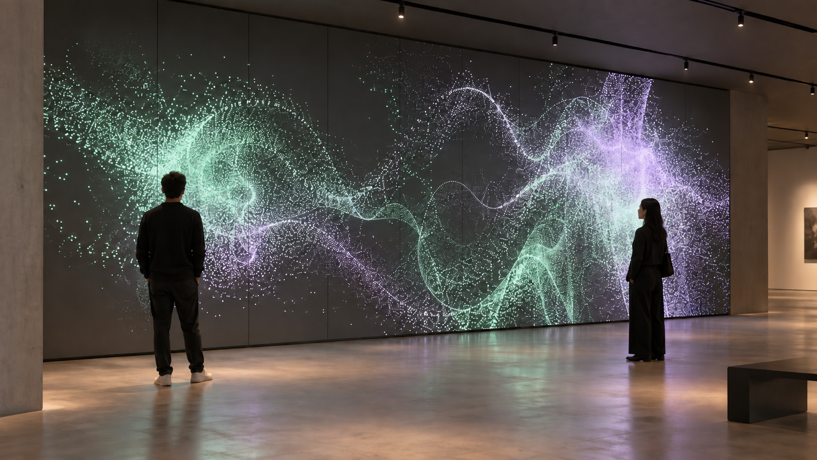 Visitors in an interactive gallery with a mint and lilac projection